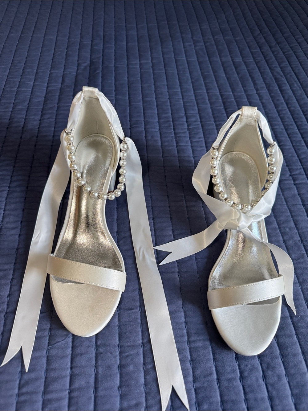 Pearl-Embellished White Satin Ankle-Tie Sandals great for wedding/bride